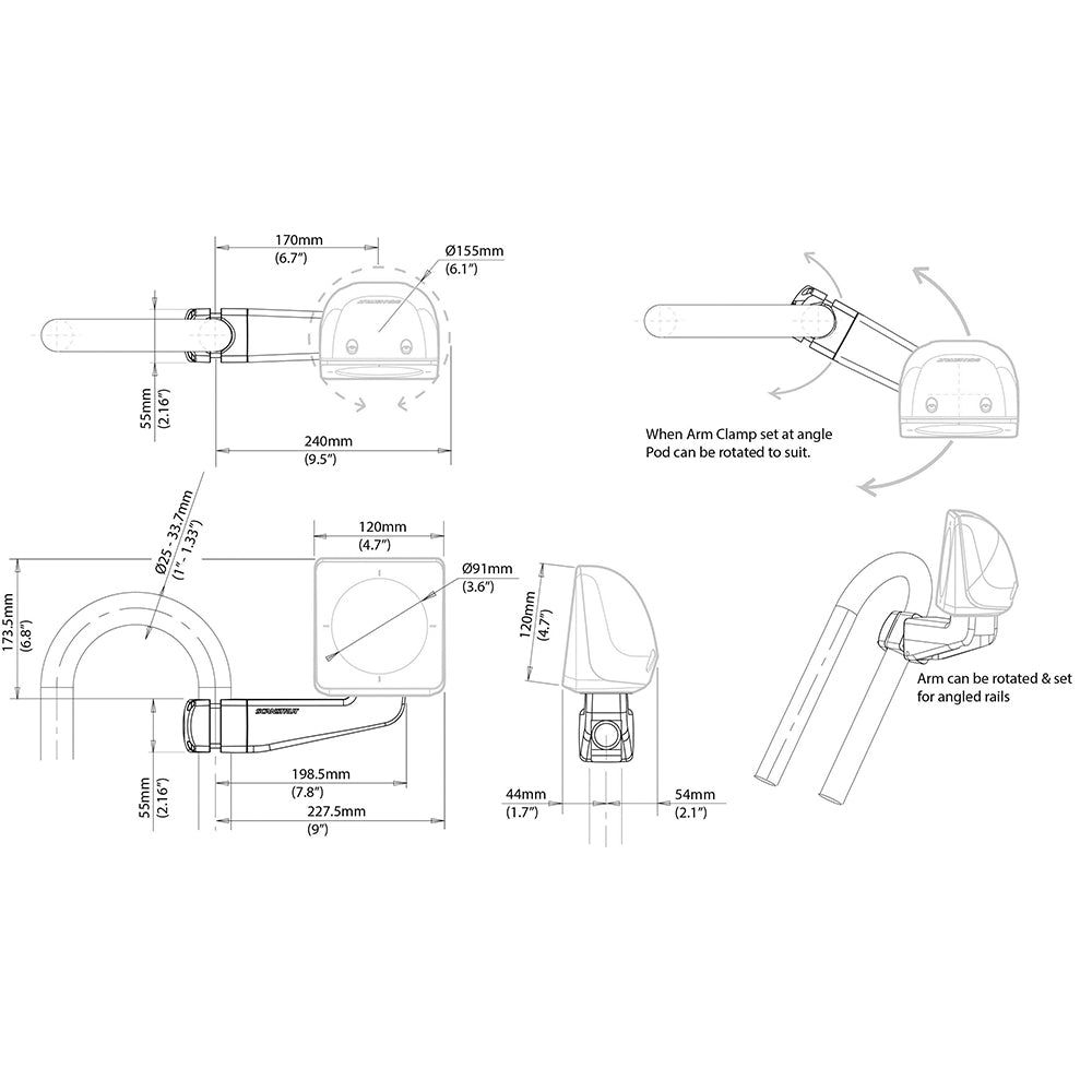Scanstrut Scanpod Single Instrument Pod -Precut- Arm Mounted - Fits 1" - 1.3" Rails