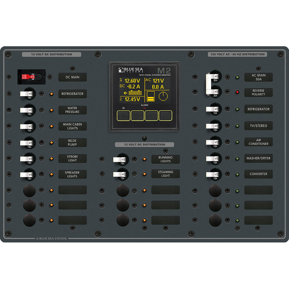 Blue Sea 8413 - Metal AC/DC Panel w/M2 Vessel Systems Monitor & 22 Circuit Breakers (15A)