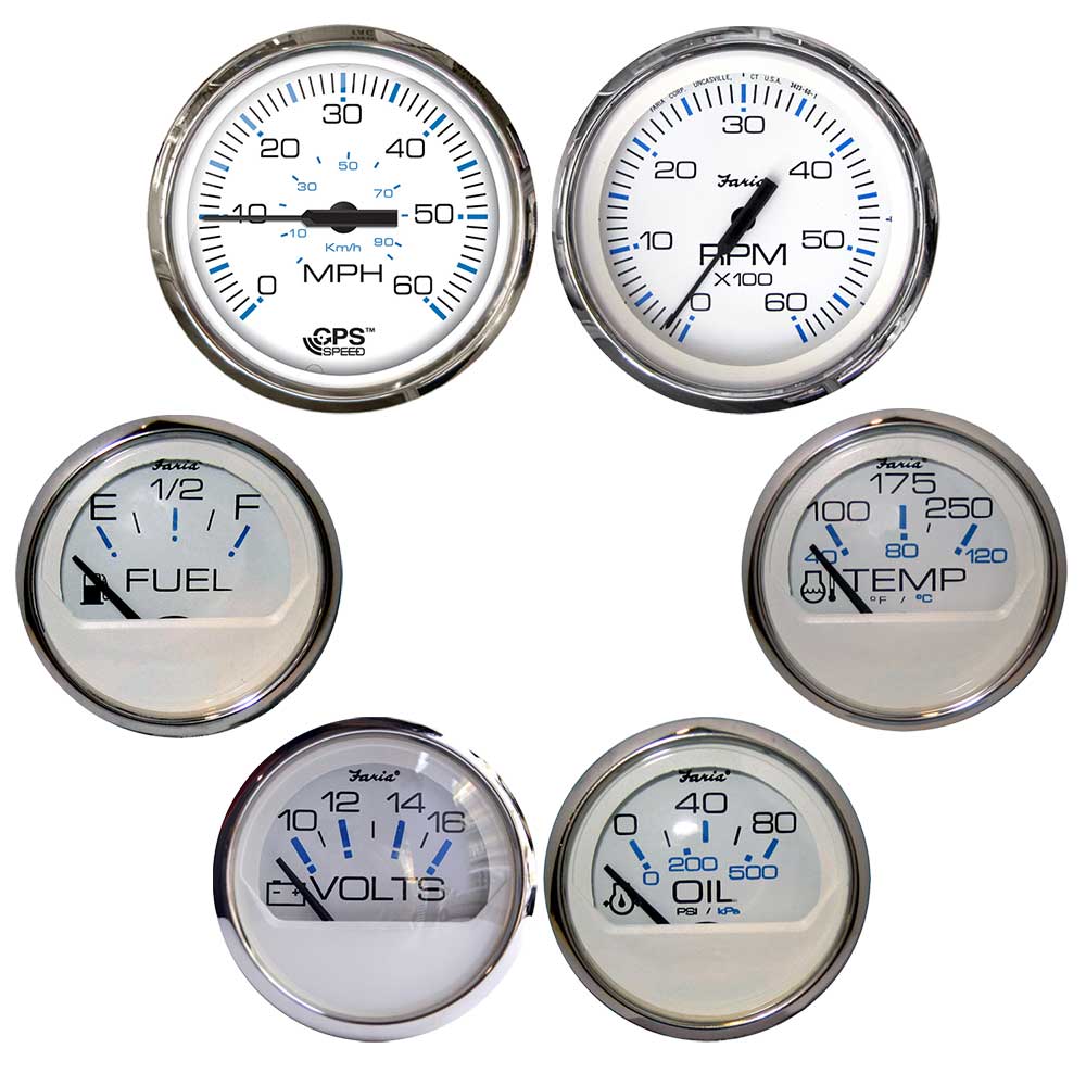 Faria Chesapeake White w/Stainless Steel Bezel Boxed Set of 6 - Speed, Tach, Fuel Level, Voltmeter, Water Temperature & Oil PSI - Inboard Motors